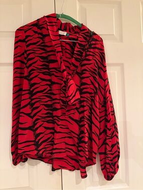 RIXO Red and Black Animal-Print Tie-Neck Blouse